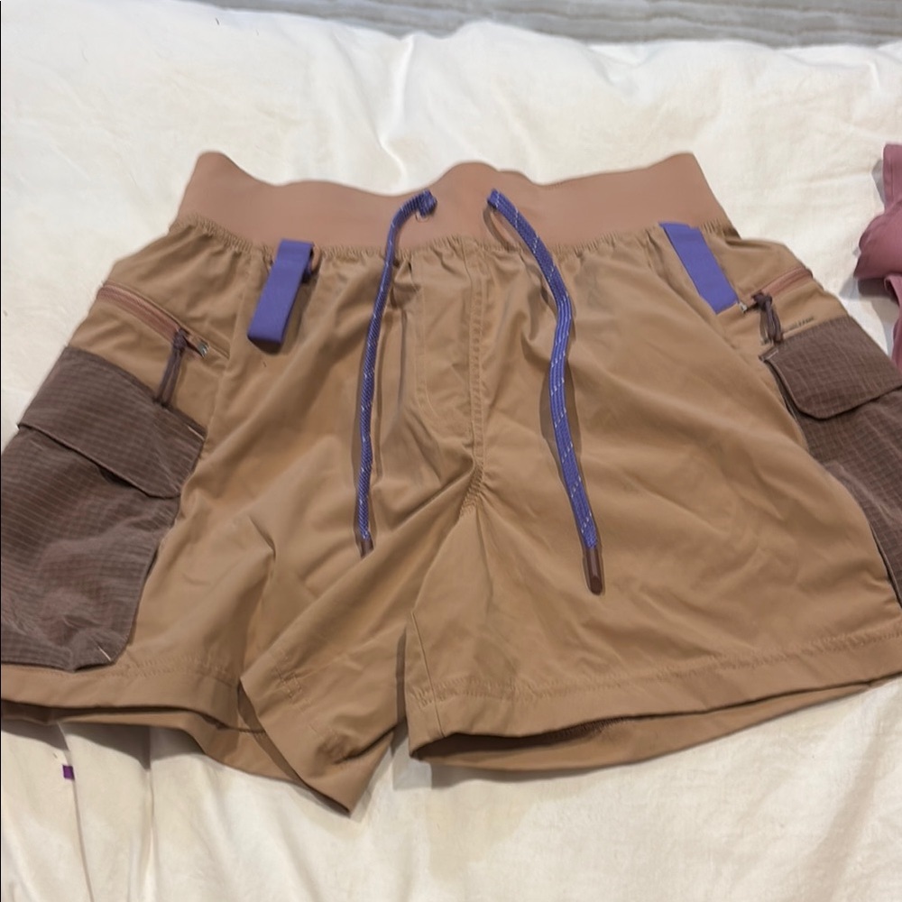 Tan and Brown Cargo Shorts with Purple Accents lululemom limited edition